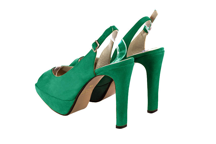 Emerald green women's slingback sandals. Round toe. Very high slim heel with a platform at the front. Rear view - Florence KOOIJMAN
